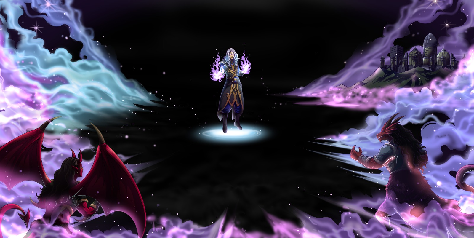 Fantasy heroes — a sorcerer, tiefling, and dragonborn — before a floating city
