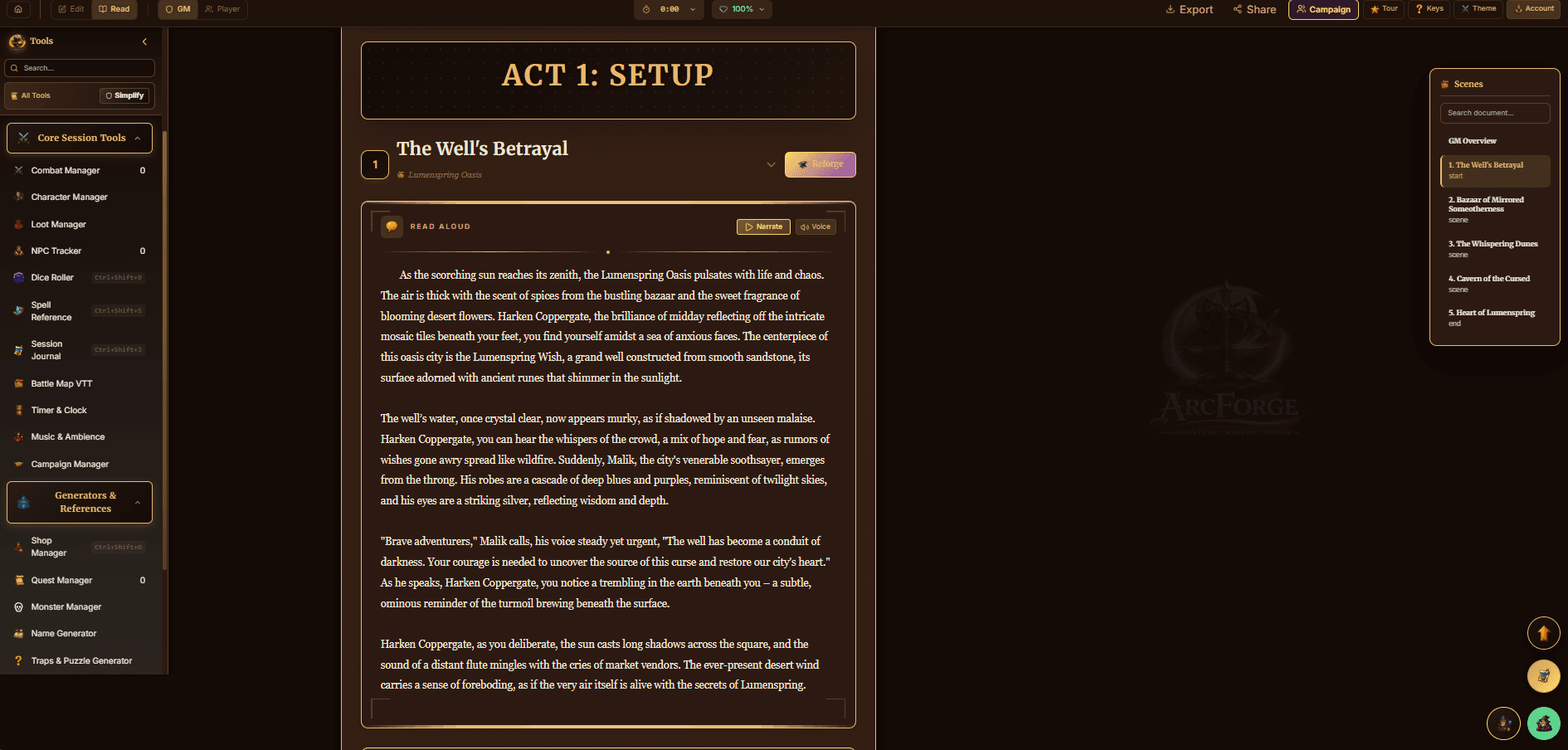 ArcForge scene editor showing a campaign with read-aloud text, tools sidebar, and scene navigation