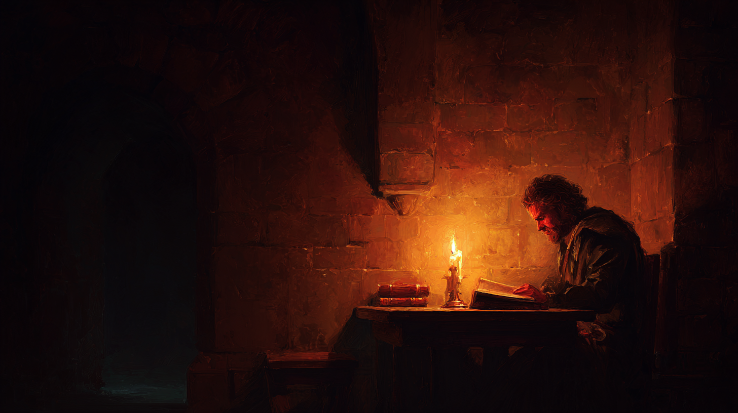 Fantasy adventurer reading ancient tome by candlelight in dark stone chamber