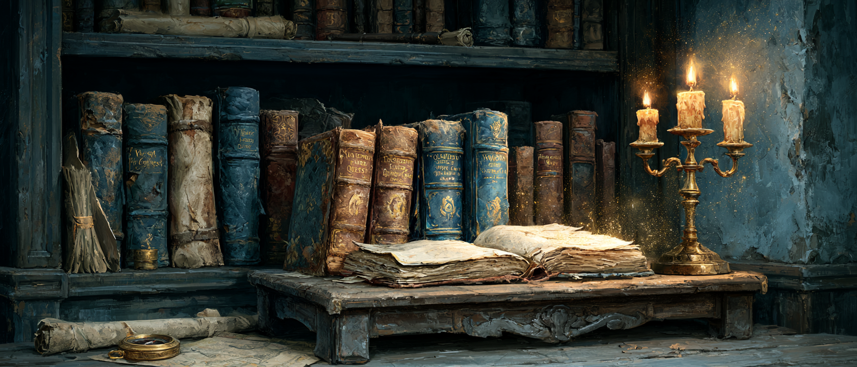 Ancient fantasy library alcove with weathered books