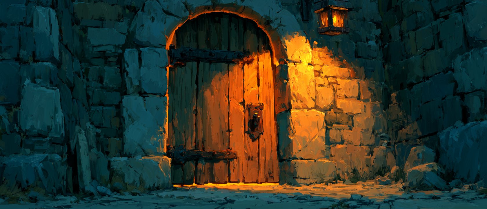 Tavern door with welcoming candlelight