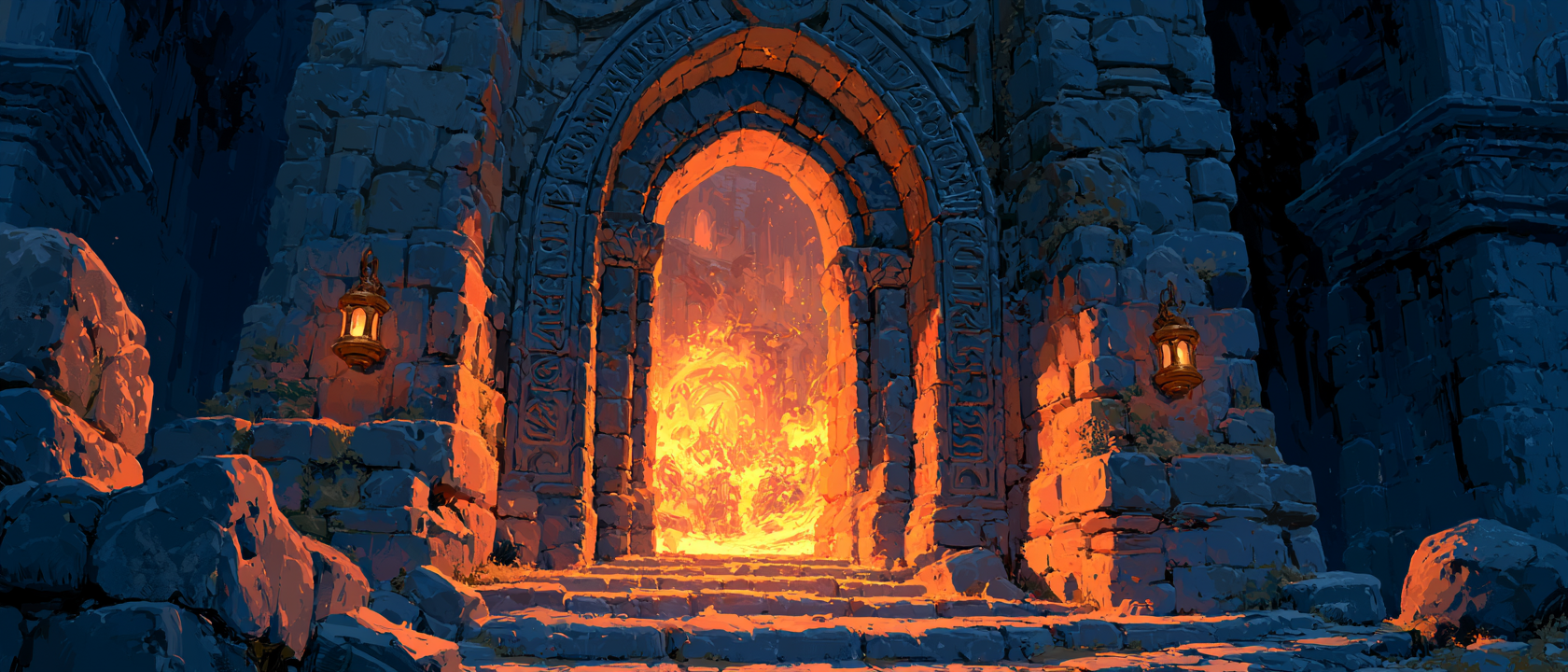 Ancient stone archway portal with glowing magical fire