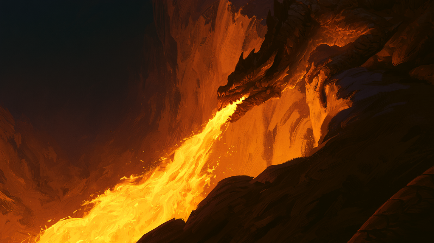 Ancient dragon breathing fire from cliff