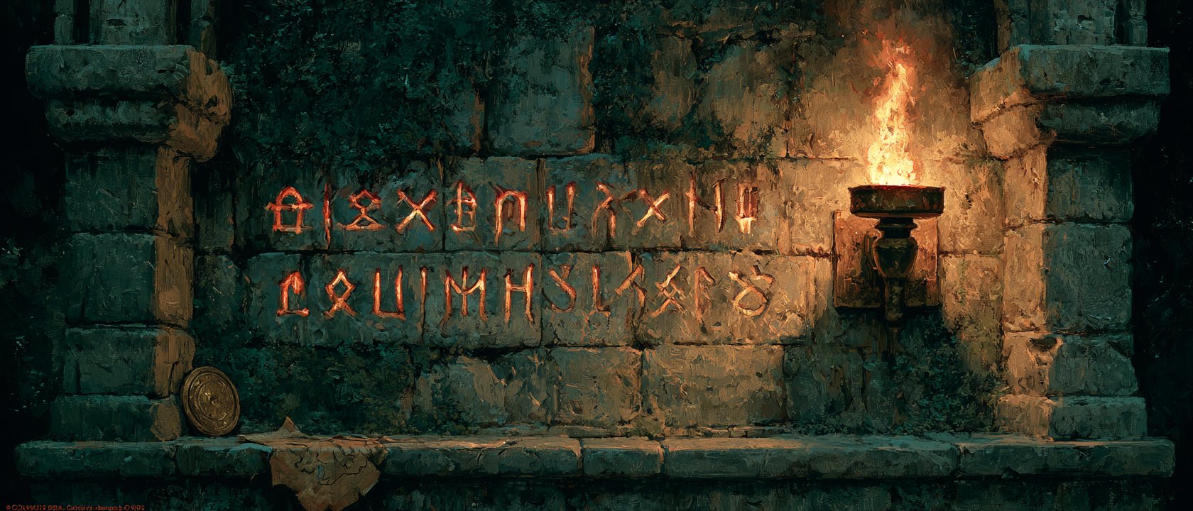 Ancient rune wall illuminated by torchlight