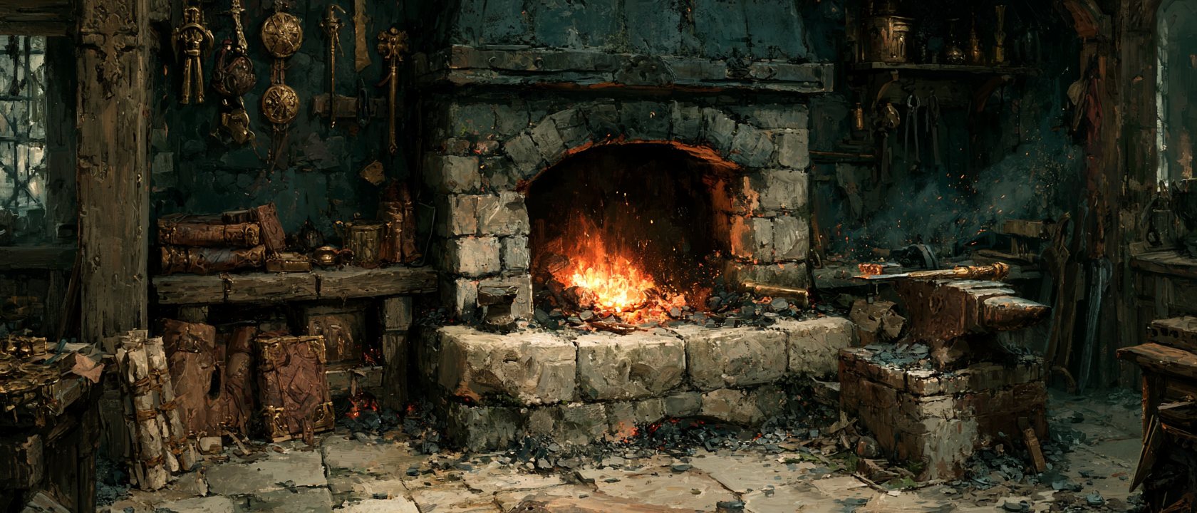 Fantasy forge with glowing embers