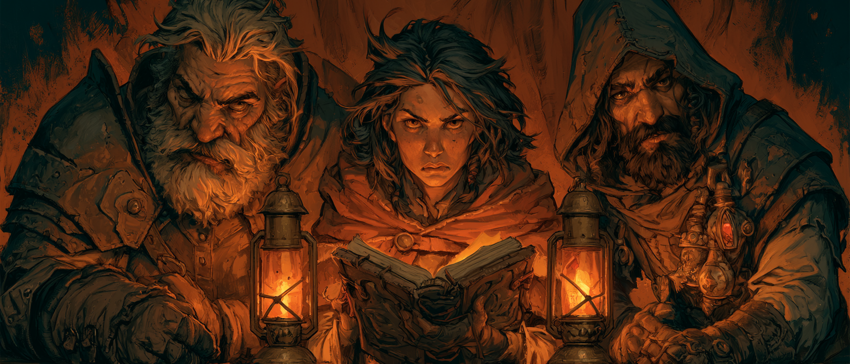 Three fantasy adventurers - veteran knight, young mage, shadowy rogue