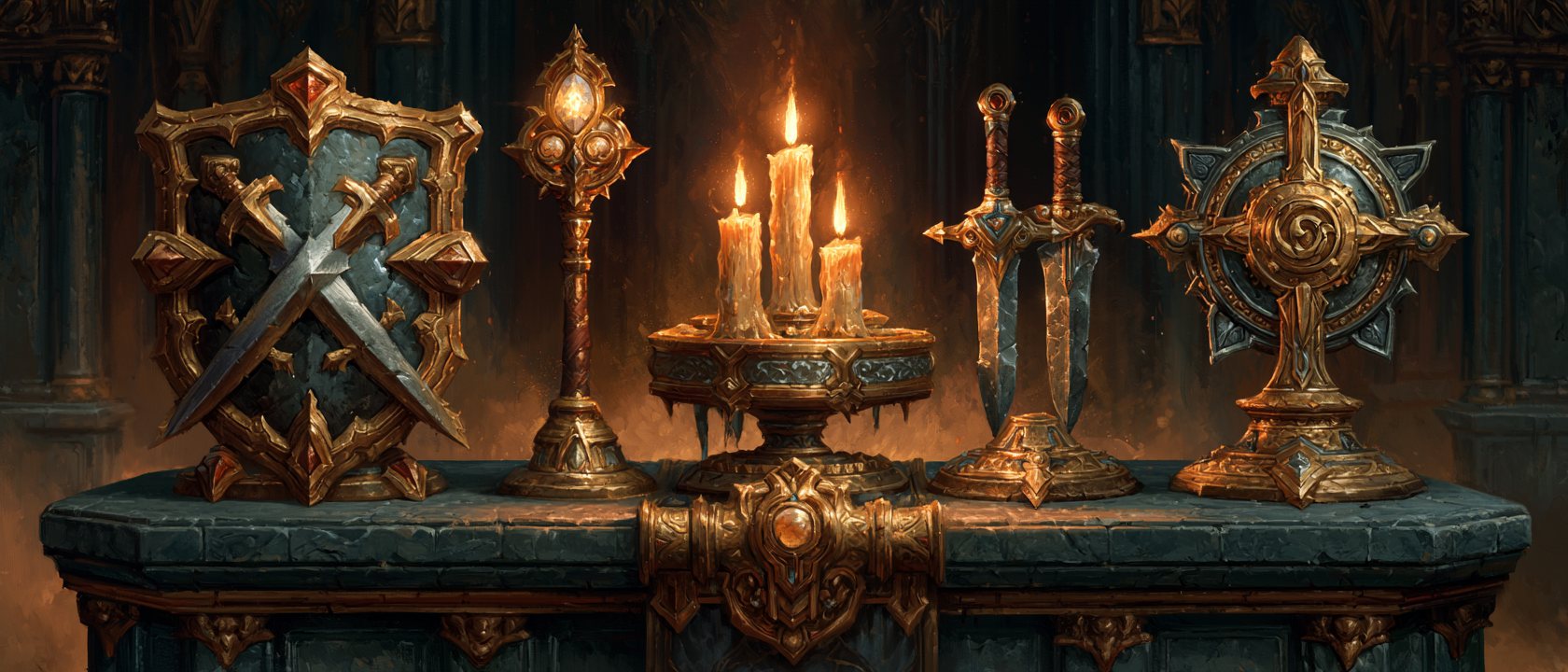Fantasy class emblems on altar