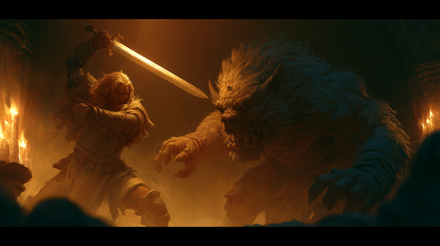 Fantasy warrior frozen mid-battle